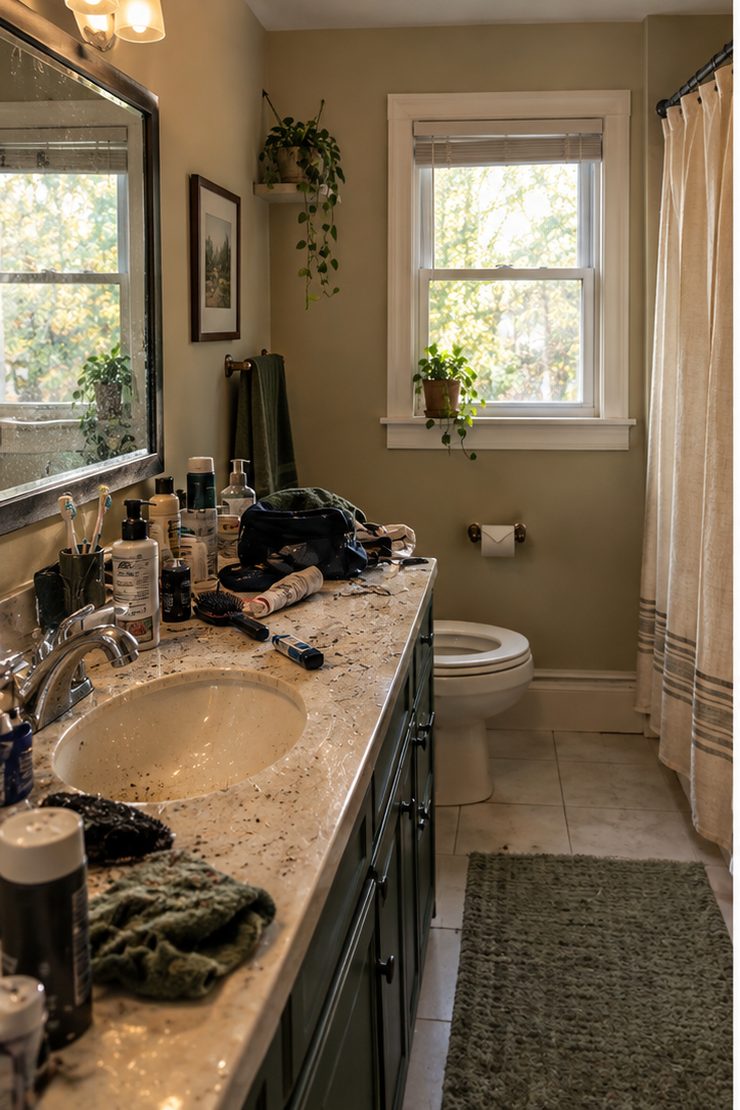 Grimy, cluttered bathroom vanity before