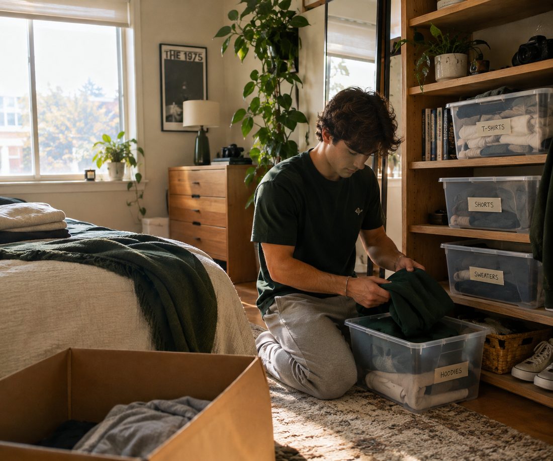 Decluttering and organizing clothes into labeled bins
